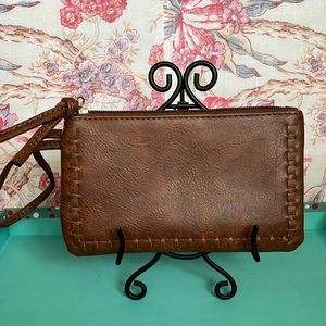 Brown Leather Zipper Wristlet Wallet Pouch Bag, No Brand, Weave Trim, Gold Zip